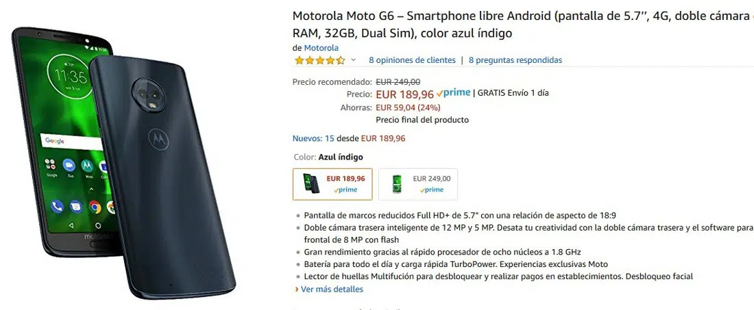 Precio del Motorola Moto G6 en Amazon