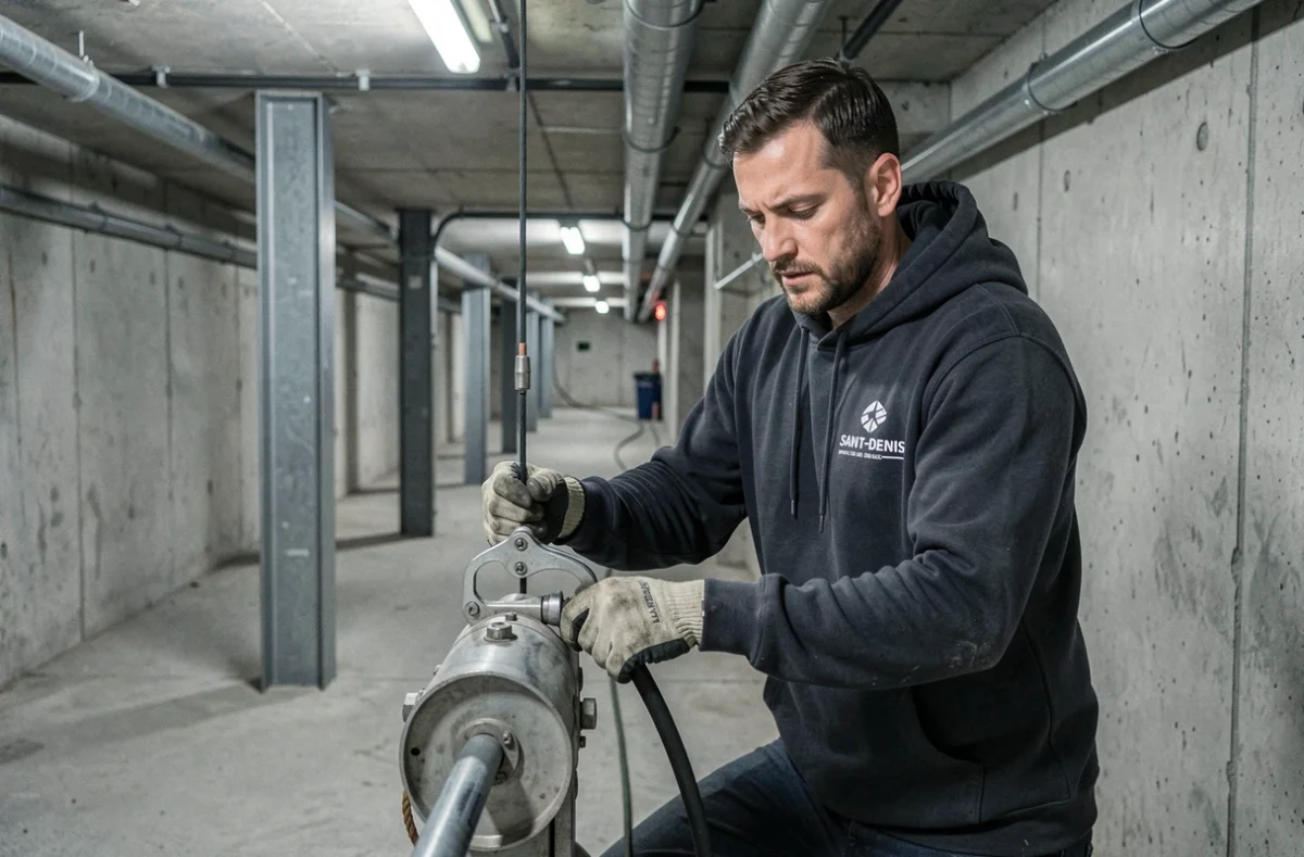 Électricien d'ADK Électricité tirant des câbles dans la cave d'un immeuble résidentiel à Saint-Denis