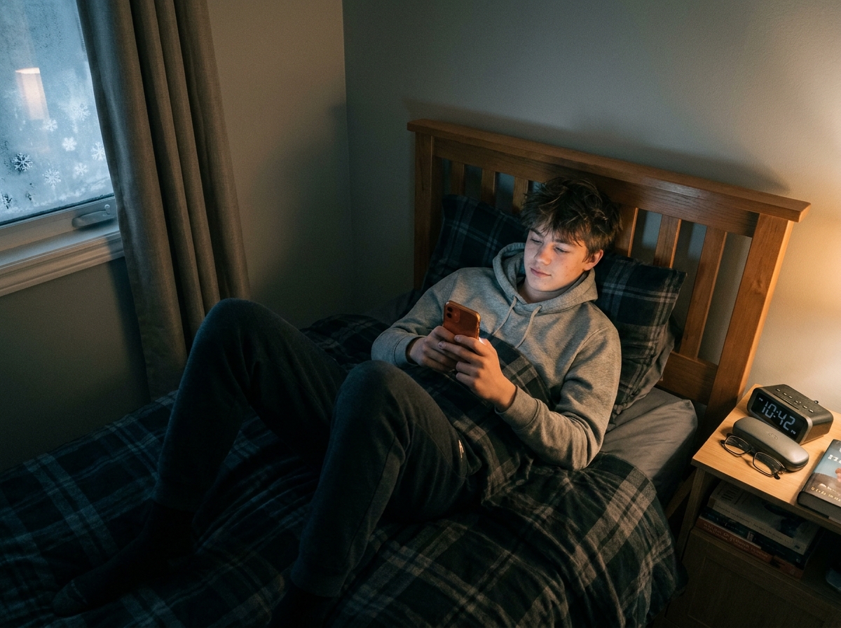 Adolescent utilisant un filtre lumière bleue sur smartphone dans sa chambre en hiver la nuit