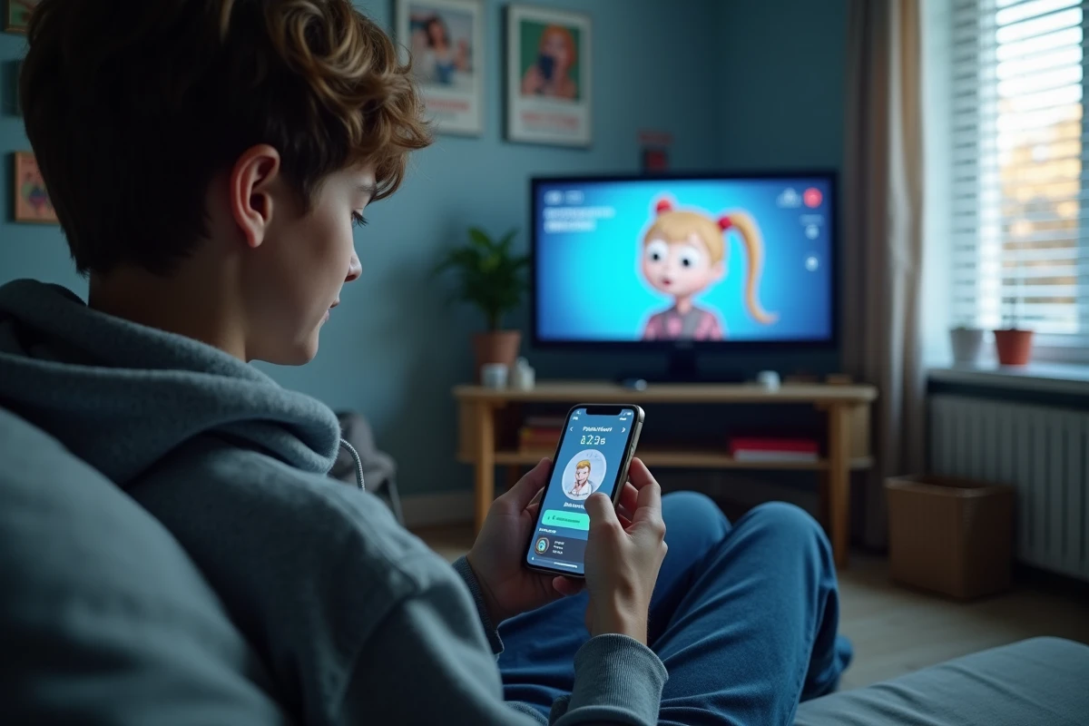 Adolescent vérifiant les rediffusions télé de l'après-midi sur une application de programme TV sur smartphone