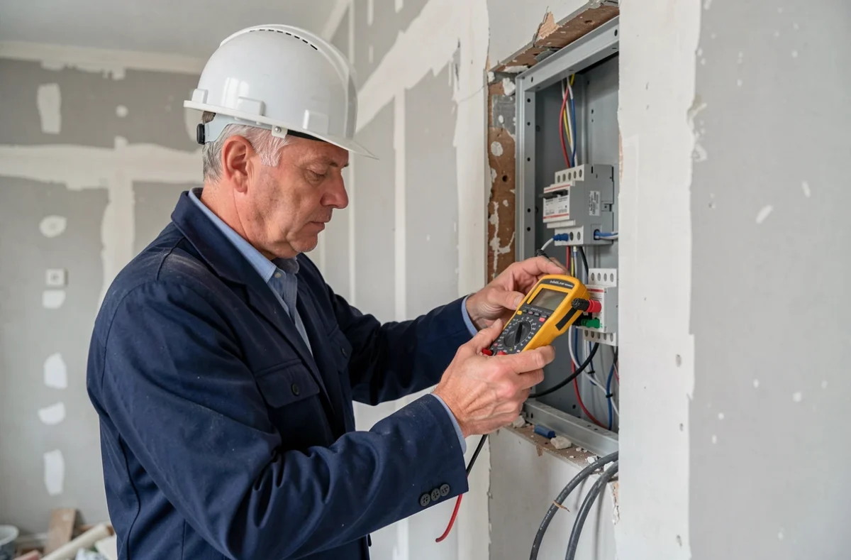 Électricien d'AE Sebelec testant des connexions électriques dans un appartement en rénovation à Saint-Denis