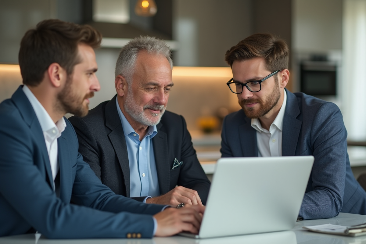 Agent immobilier présentant un ordinateur à un couple dans la cuisine