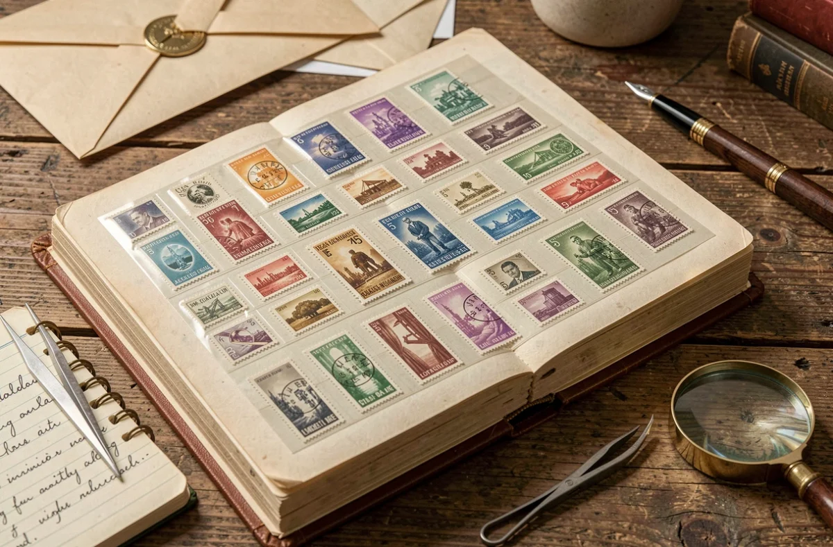 Vue en plongée d'un album de timbres anciens ouvert sur un bureau en bois avec accessoires de philatélie