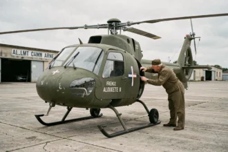 Hélicoptère Alouette II de l'Armée française garé sur un tarmac historique avec un mécanicien en tenue d'époque inspectant le rotor de queue