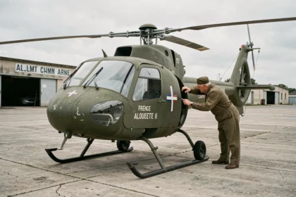 Hélicoptère Alouette II de l'Armée française garé sur un tarmac historique avec un mécanicien en tenue d'époque inspectant le rotor de queue