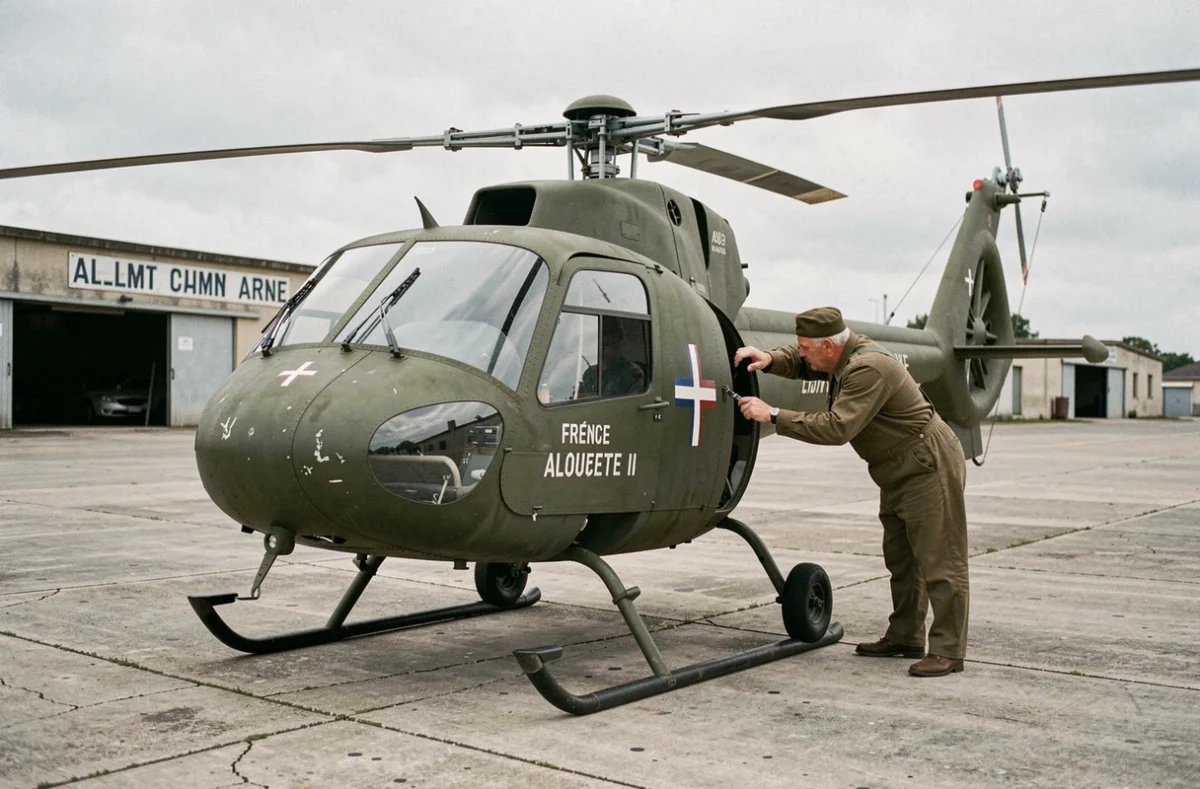 Hélicoptère Alouette II de l'Armée française garé sur un tarmac historique avec un mécanicien en tenue d'époque inspectant le rotor de queue