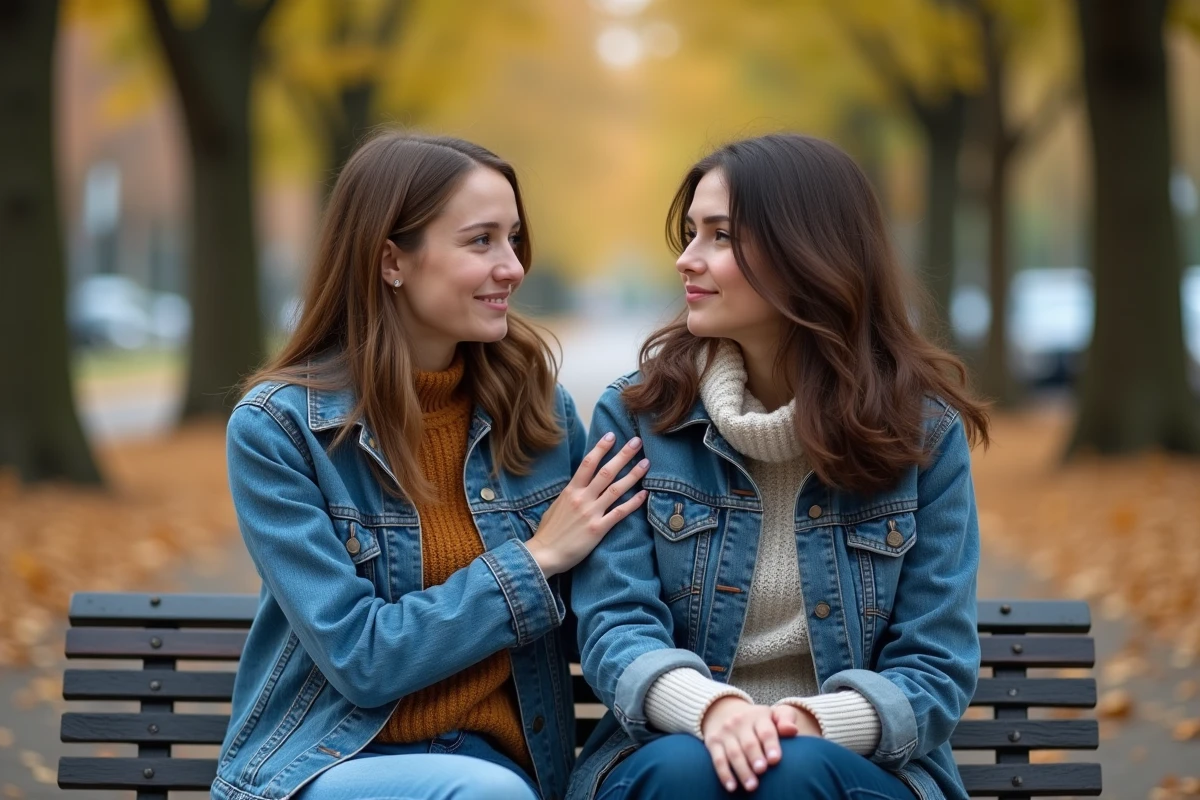 Deux femmes discutent sur un banc en automne