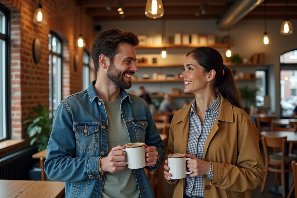 Un homme et une femme discutent dans un café chaleureux