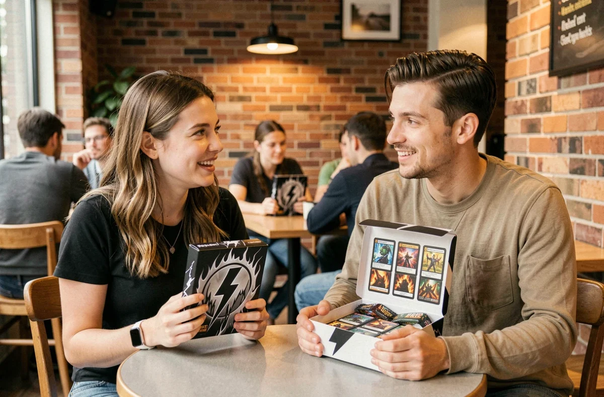 Deux amis comparant un booster et un coffret Foudre Noire et Flamme Blanche dans un café urbain
