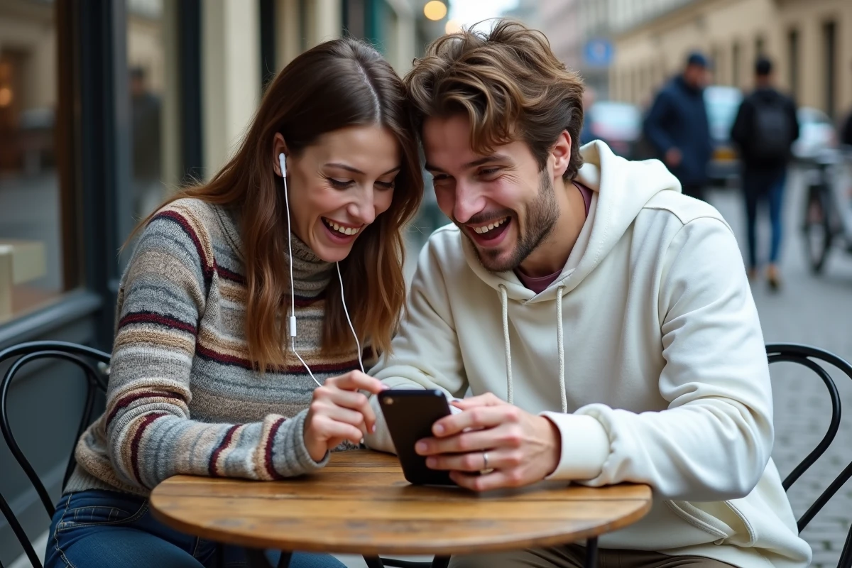 Deux amis partageant un écouteur dans un café en terrasse, réagissant avec enthousiasme à un banger sur un smartphone posé sur la table