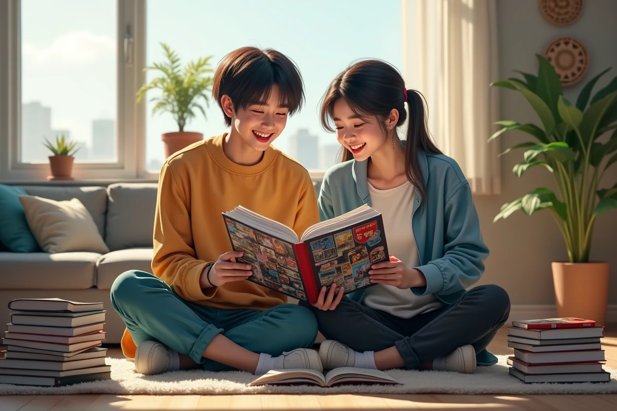 Deux amis riant en feuilletant un manga dans leur salon