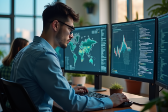 Jeune analyste cybersécurité au bureau avec écrans de code