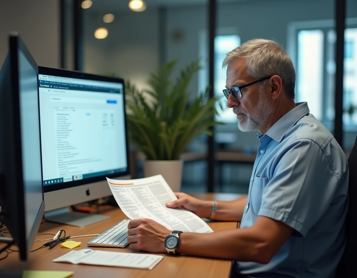 Homme comparant un annuaire téléphonique imprimé et un résultat de recherche inversée sur ordinateur de bureau