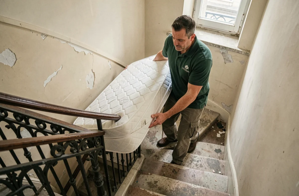 Déménageur d'Artdem manœuvrant un matelas dans l'escalier étroit d'un immeuble haussmannien dans les Hauts-de-France