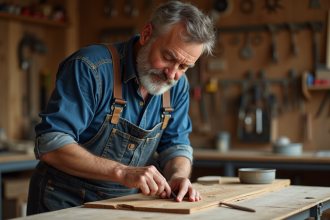 Artisan menuisier en atelier concentré sur un travail du bois