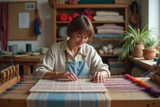 Femme artisan tissant avec un métier à tisser traditionnel