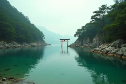 Baie japonaise avec torii dans l'eau et falaises rocheuses couvertes de pins