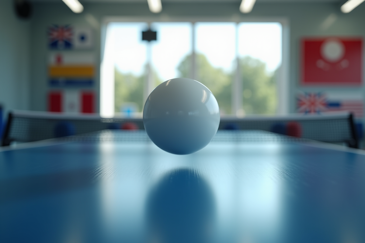 Une balle de tennis de table en suspension avec drapeaux et classements en arrière-plan