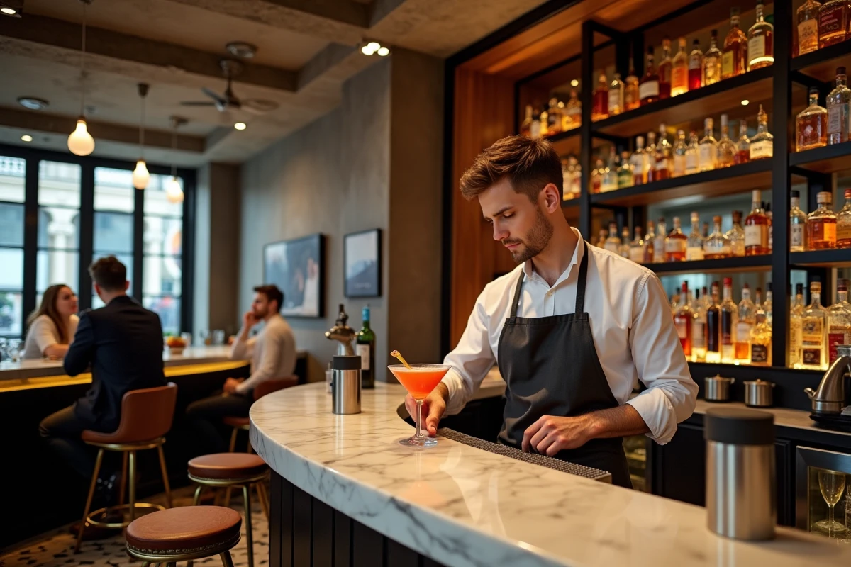 Bartender préparant un cocktail dans un bar tendance parisien sur la ligne 9 du métro