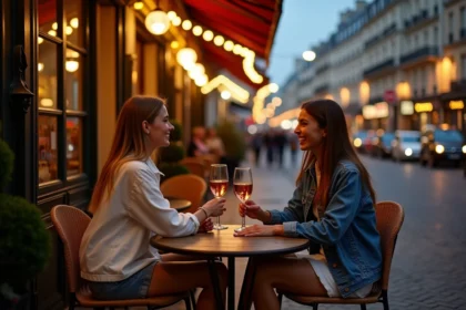 Deux amies en terrasse d'un bar parisien le soir, ambiance conviviale sur la ligne 9 du métro