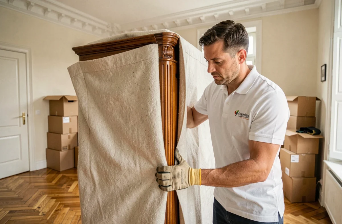 Déménageur de Blanquart Déménagements emballant soigneusement une armoire ancienne dans un appartement à Lille