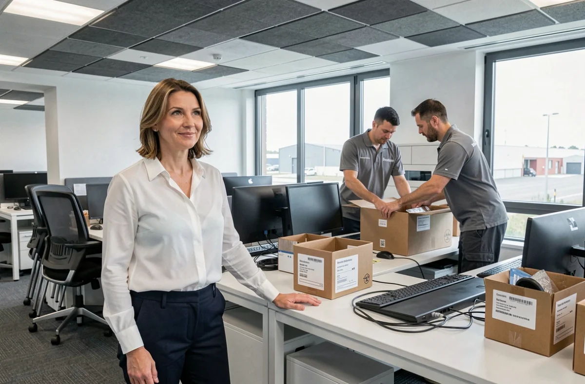 Coordinatrice de Brevière Déménagement supervisant le démontage de postes de travail dans un bureau moderne