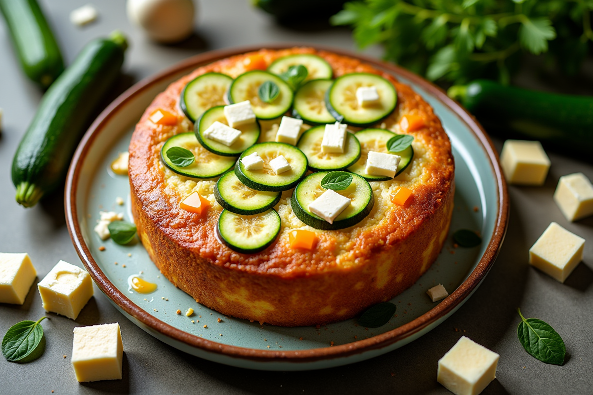 Cake courgette feta entier sur assiette rustique