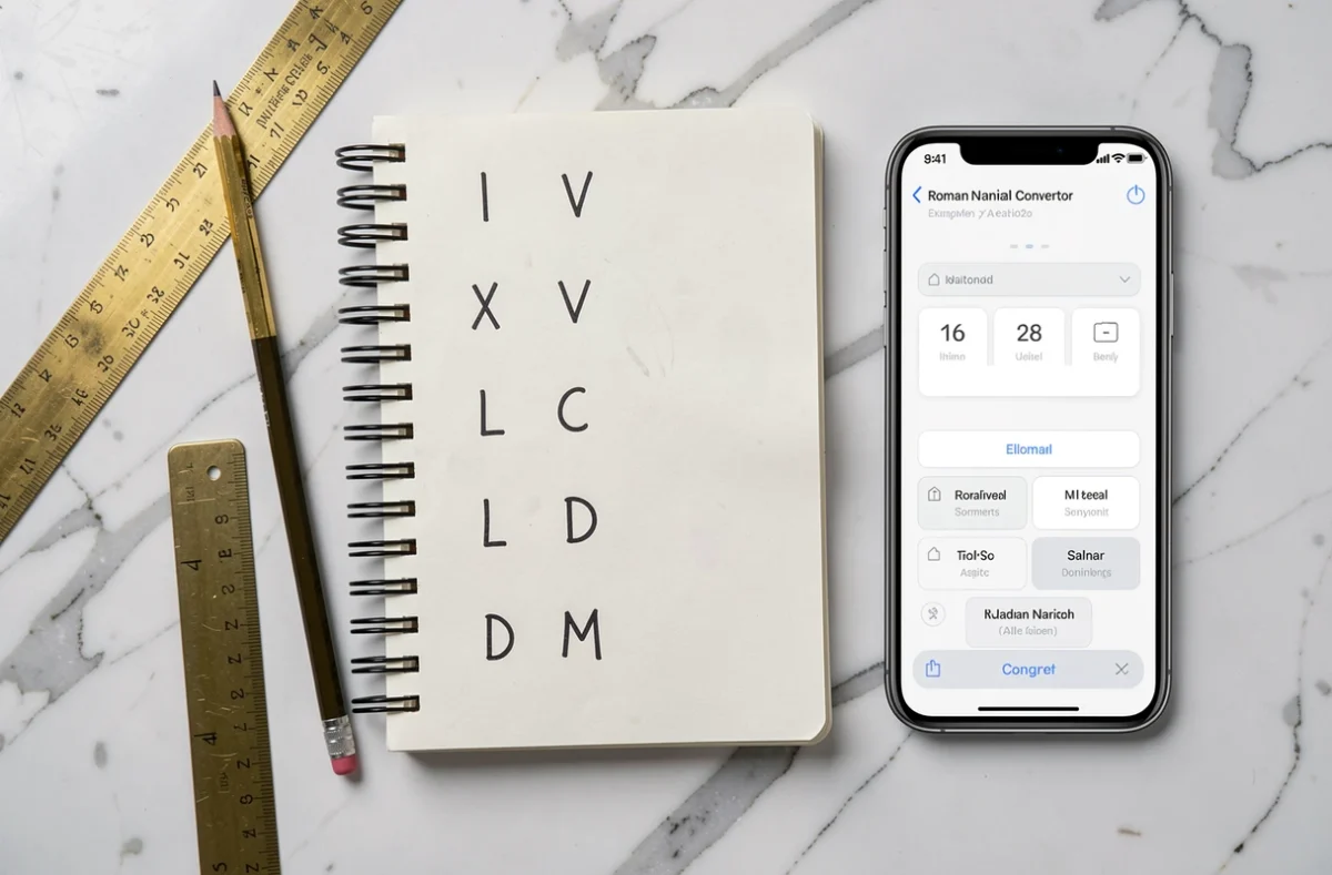 Vue aérienne d'un carnet de chiffres romains manuscrits posé à côté d'un smartphone affichant un convertisseur en ligne