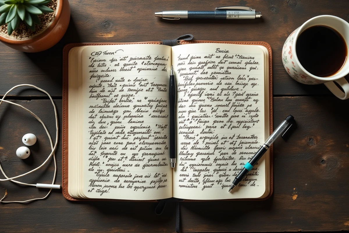 Carnet de paroles manuscrites de rap en français ouvert sur une table en bois, symbolisant le processus créatif et la profondeur lyrique d'oskoow