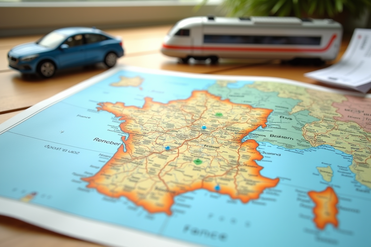 Carte de France avec voiture train et reçus de voyage