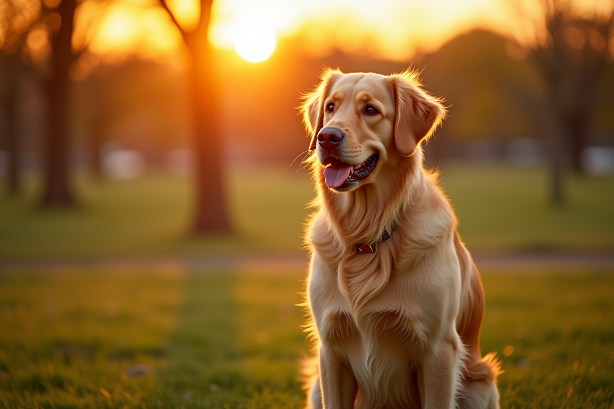 Chien golden retriever adulte en parc au coucher de soleil