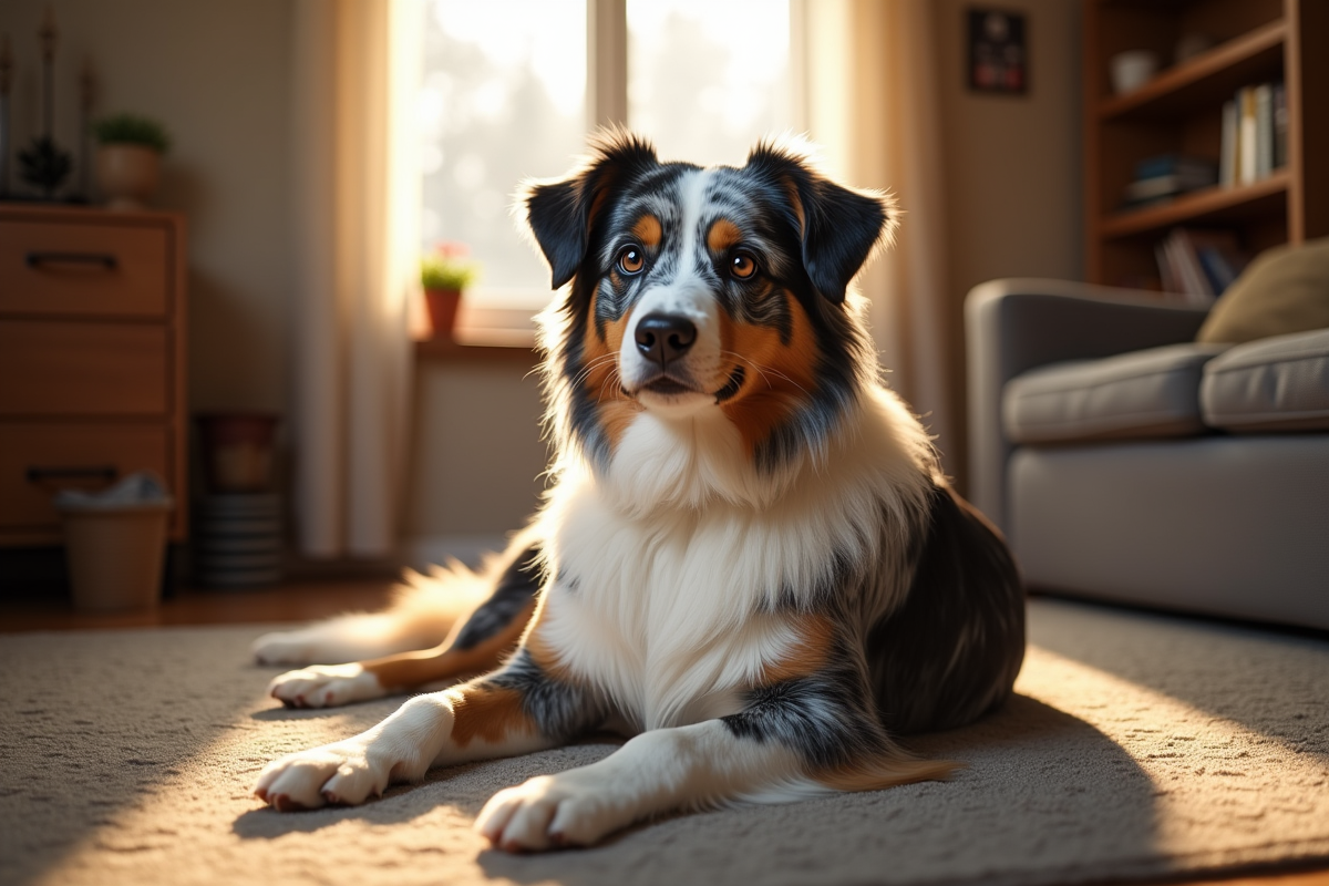 Chien Australian Shepherd adulte assis dans un salon chaleureux avec jouets