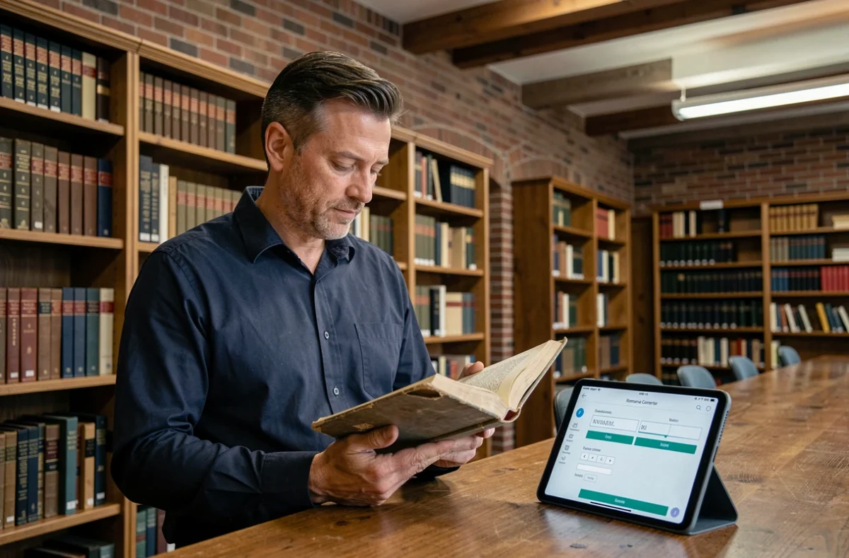 Homme comparant un livre de chiffres romains avec un convertisseur en ligne sur tablette dans une bibliothèque universitaire