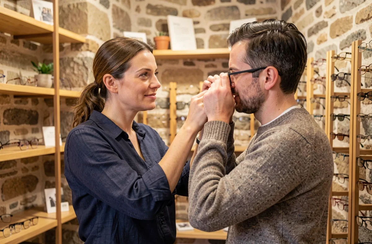 Opticienne aidant un client à choisir des lunettes dans la boutique Le Collectif des Lunetiers à Pont-Scorff
