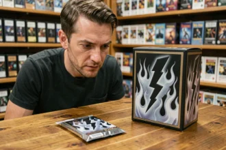 Collectionneur comparant un booster et un coffret du jeu de cartes Foudre Noire et Flamme Blanche dans une boutique spécialisée
