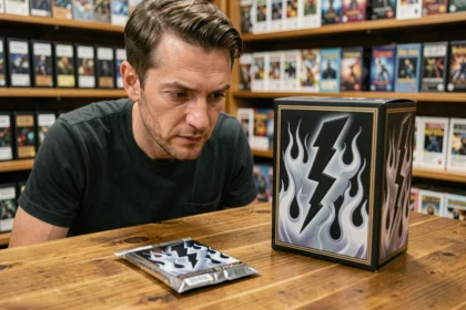 Collectionneur comparant un booster et un coffret du jeu de cartes Foudre Noire et Flamme Blanche dans une boutique spécialisée