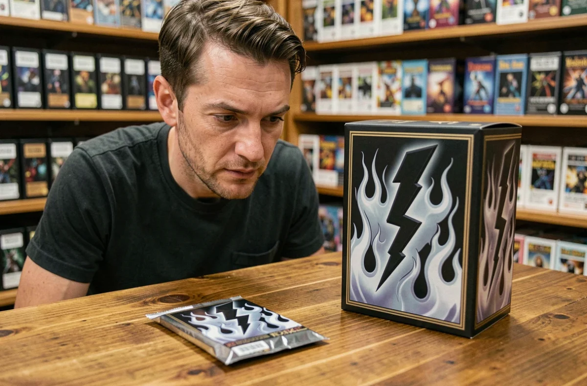 Collectionneur comparant un booster et un coffret du jeu de cartes Foudre Noire et Flamme Blanche dans une boutique spécialisée