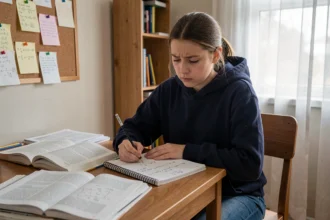 Collégienne qui étudie la conversion de volumes en cm cube à son bureau avec des cahiers de mathématiques