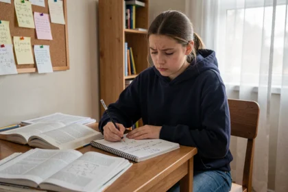 Collégienne qui étudie la conversion de volumes en cm cube à son bureau avec des cahiers de mathématiques