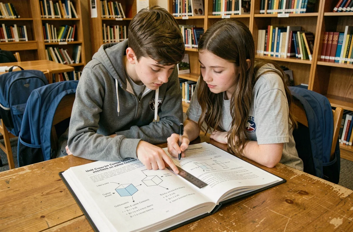 Deux collégiens qui étudient ensemble un schéma de conversion de volumes en cm cube dans une bibliothèque scolaire