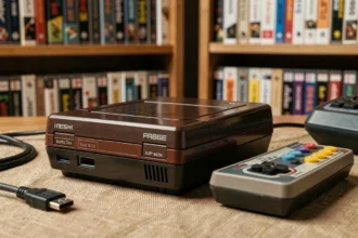 Console rétro compacte avec sortie HDMI posée sur un bureau en bois avec manette et câble HDMI