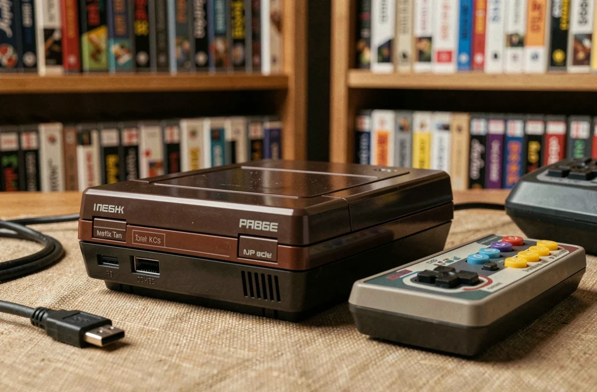 Console rétro compacte avec sortie HDMI posée sur un bureau en bois avec manette et câble HDMI