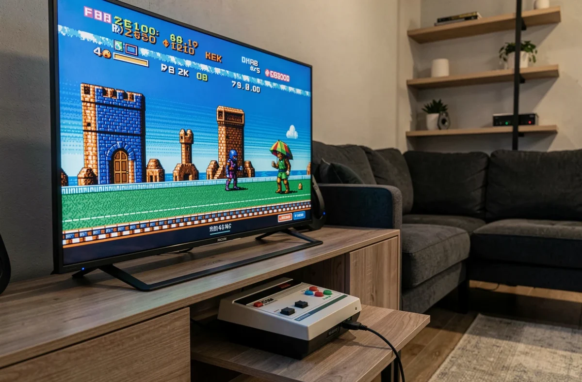Télévision 4K affichant un jeu rétro en 16 bits connectée à une petite console via câble HDMI dans un salon moderne