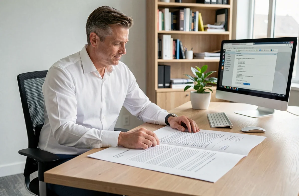 Homme consultant un contrat volumineux imprimé en grand format sur son bureau professionnel