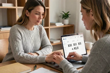 Femme utilisant un convertisseur de chiffres romains en ligne sur un laptop dans un bureau à domicile