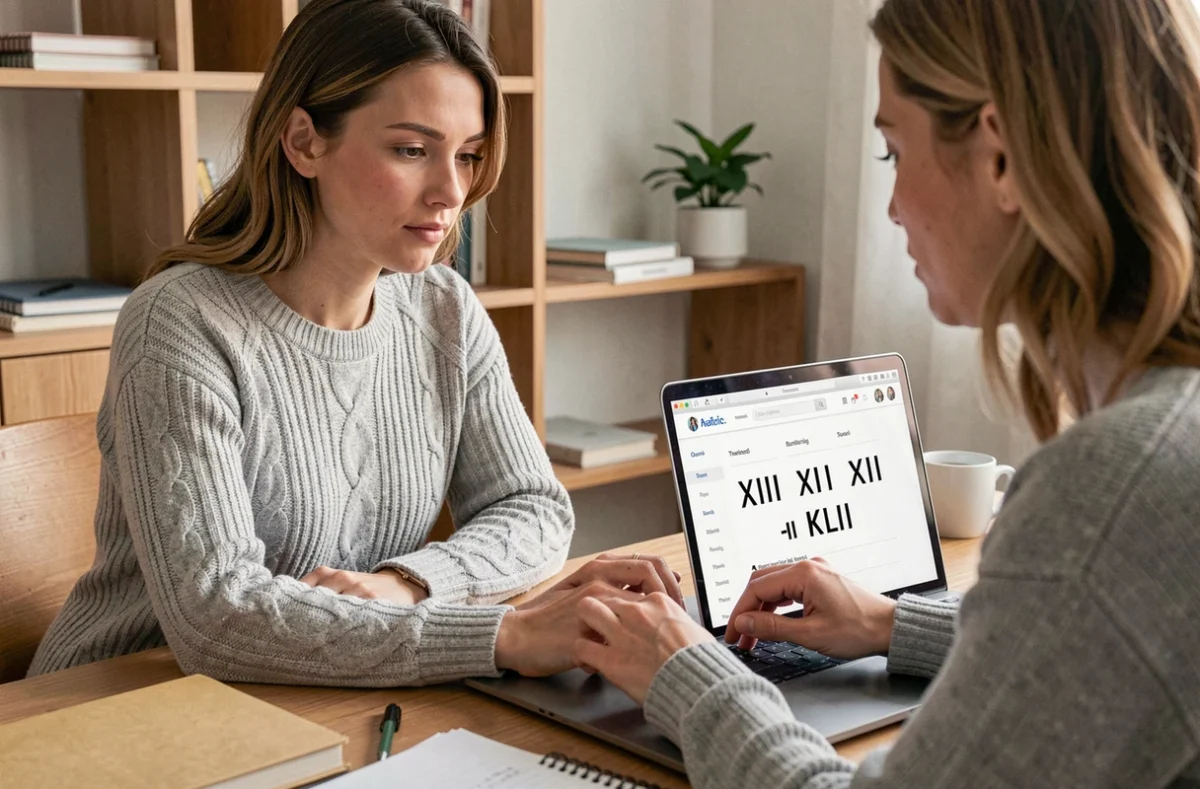 Femme utilisant un convertisseur de chiffres romains en ligne sur un laptop dans un bureau à domicile