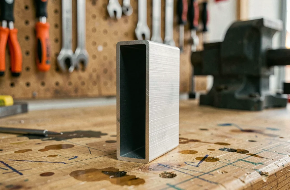 Coupe transversale d'un tube rectangulaire en aluminium posé sur un établi en bois dans un atelier avec des outils en arrière-plan