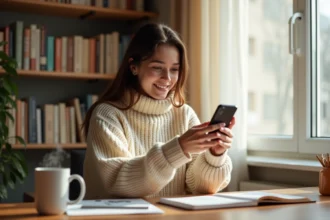Jeune femme souriante lors d'un appel vidéo avec son partenaire à distance, assise à un bureau en bois dans un appartement chaleureux