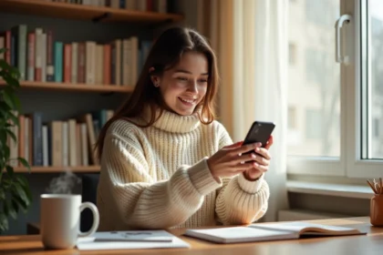 Jeune femme souriante lors d'un appel vidéo avec son partenaire à distance, assise à un bureau en bois dans un appartement chaleureux