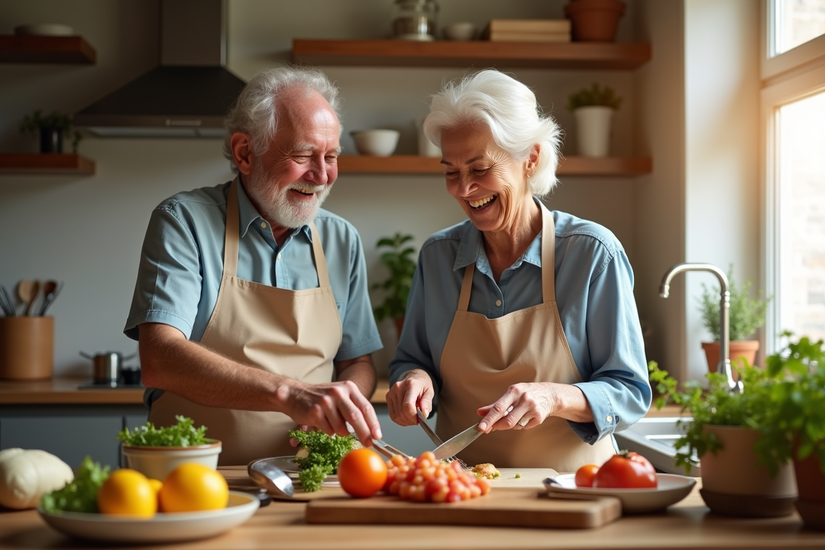 Couple agee cuisinant ensemble dans la cuisine lumineuse